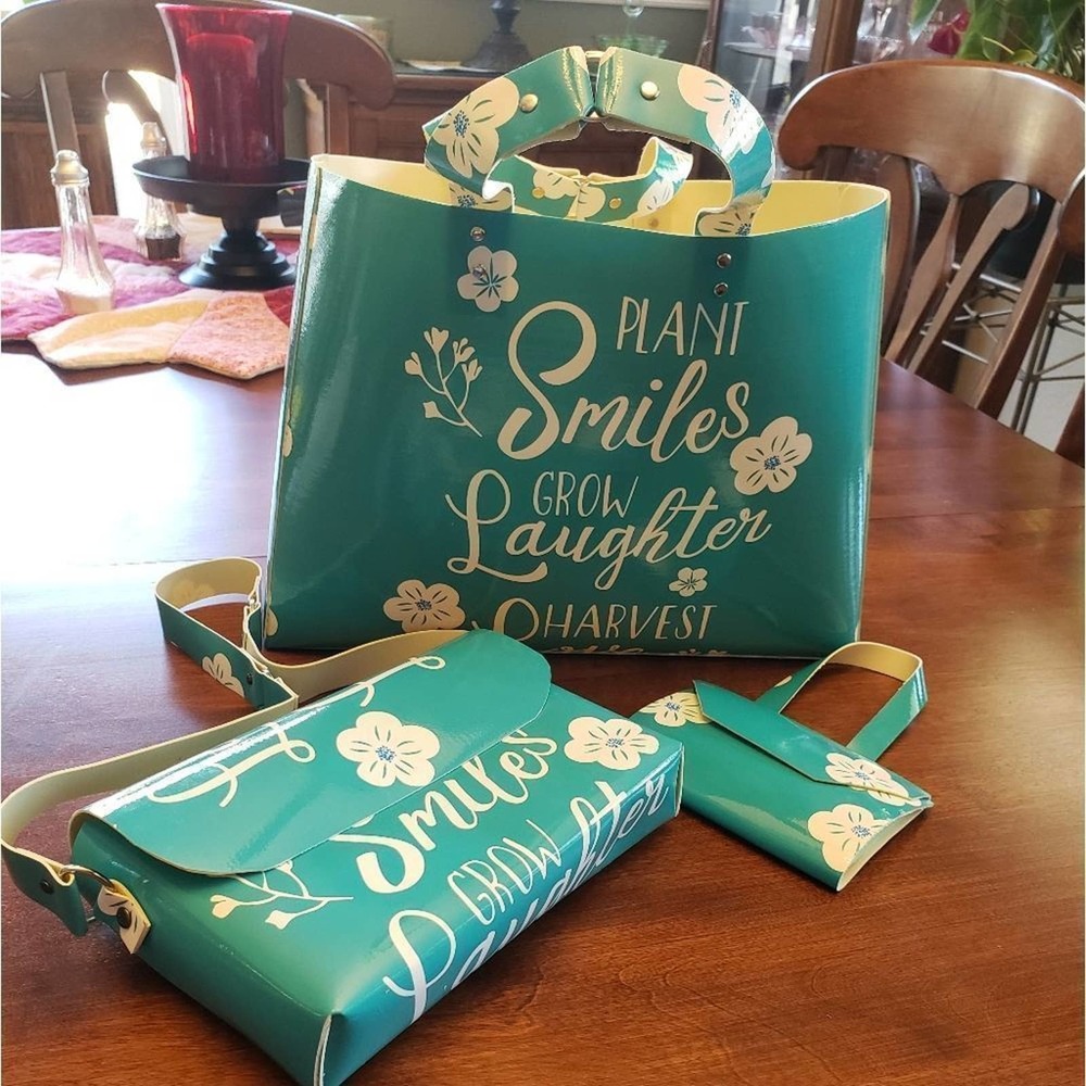 New handmade unique vinyl three piece‎ matching set tote, shoulder bag, note pad